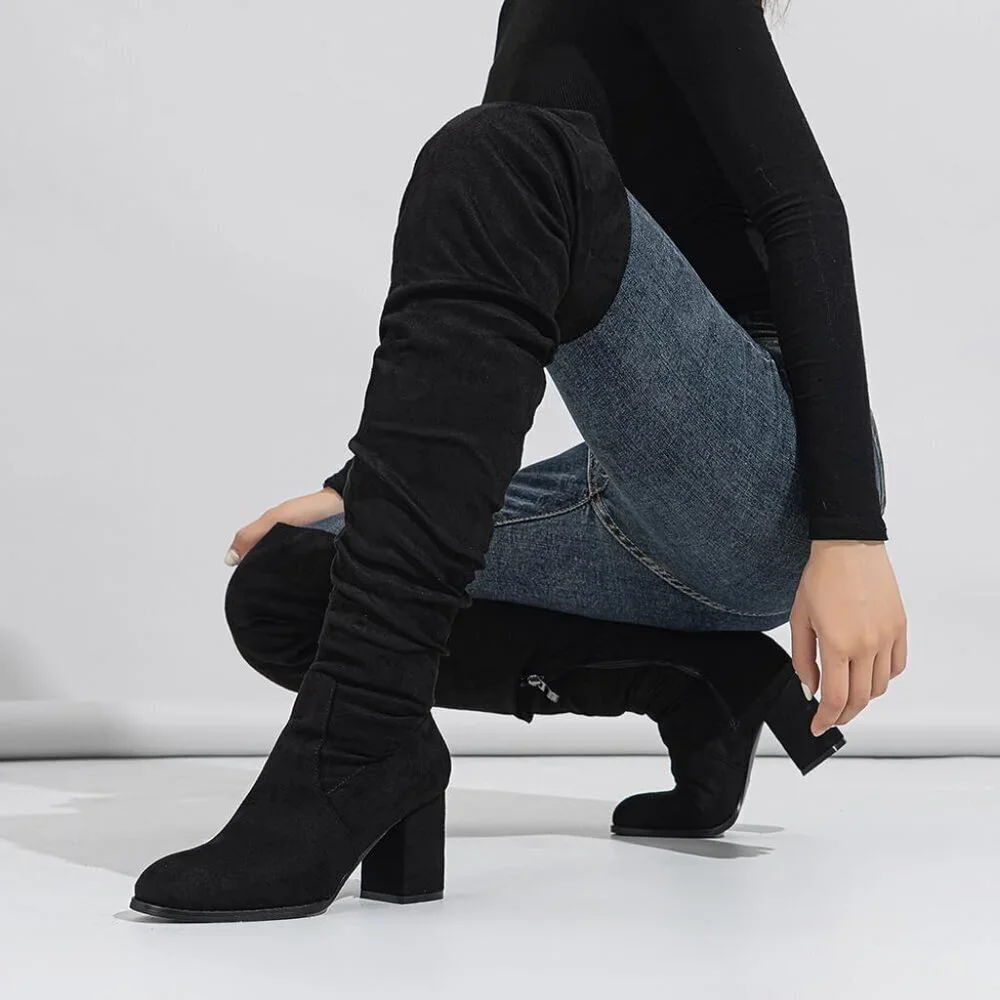 Women Black Suede Leather Pull On Side Zipper Chunky Block Heel Thigh High Boots